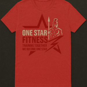 One Star Fitness red t-shirt with boxing logo, Syracuse NY personal training merchandise